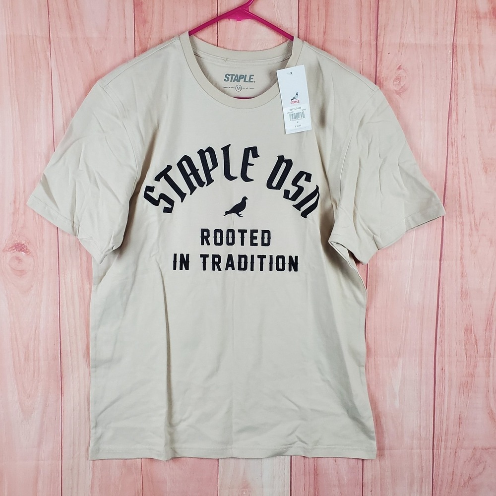 Staple T Shirt Mens Medium Beige Cotton Embroidered‎ Rooted In Tradition Casual